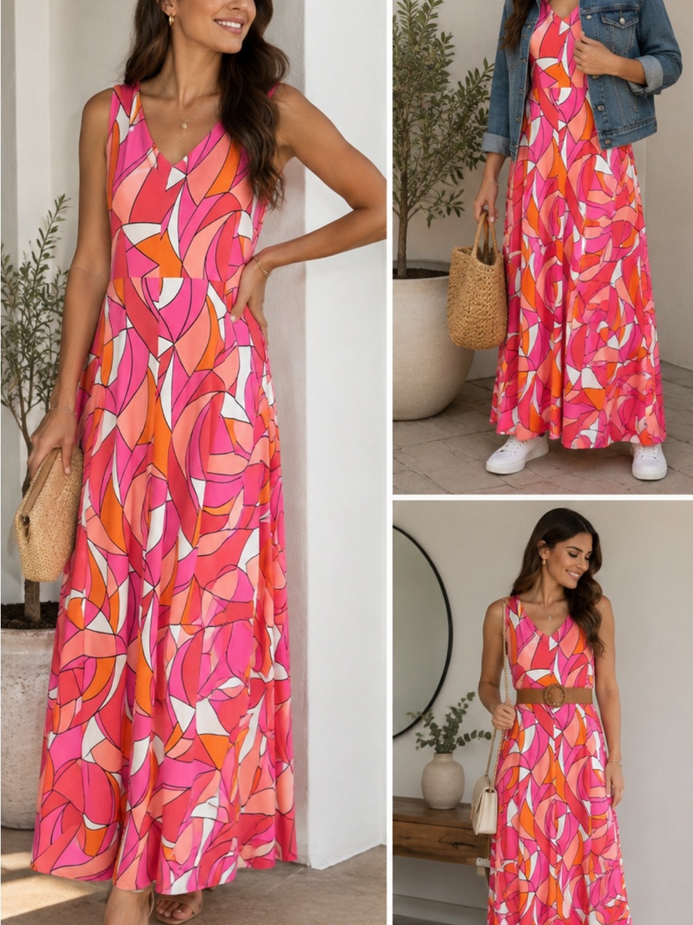 V-Neck Sleeveless Maxi Dress in Pink & Orange Abstract Print